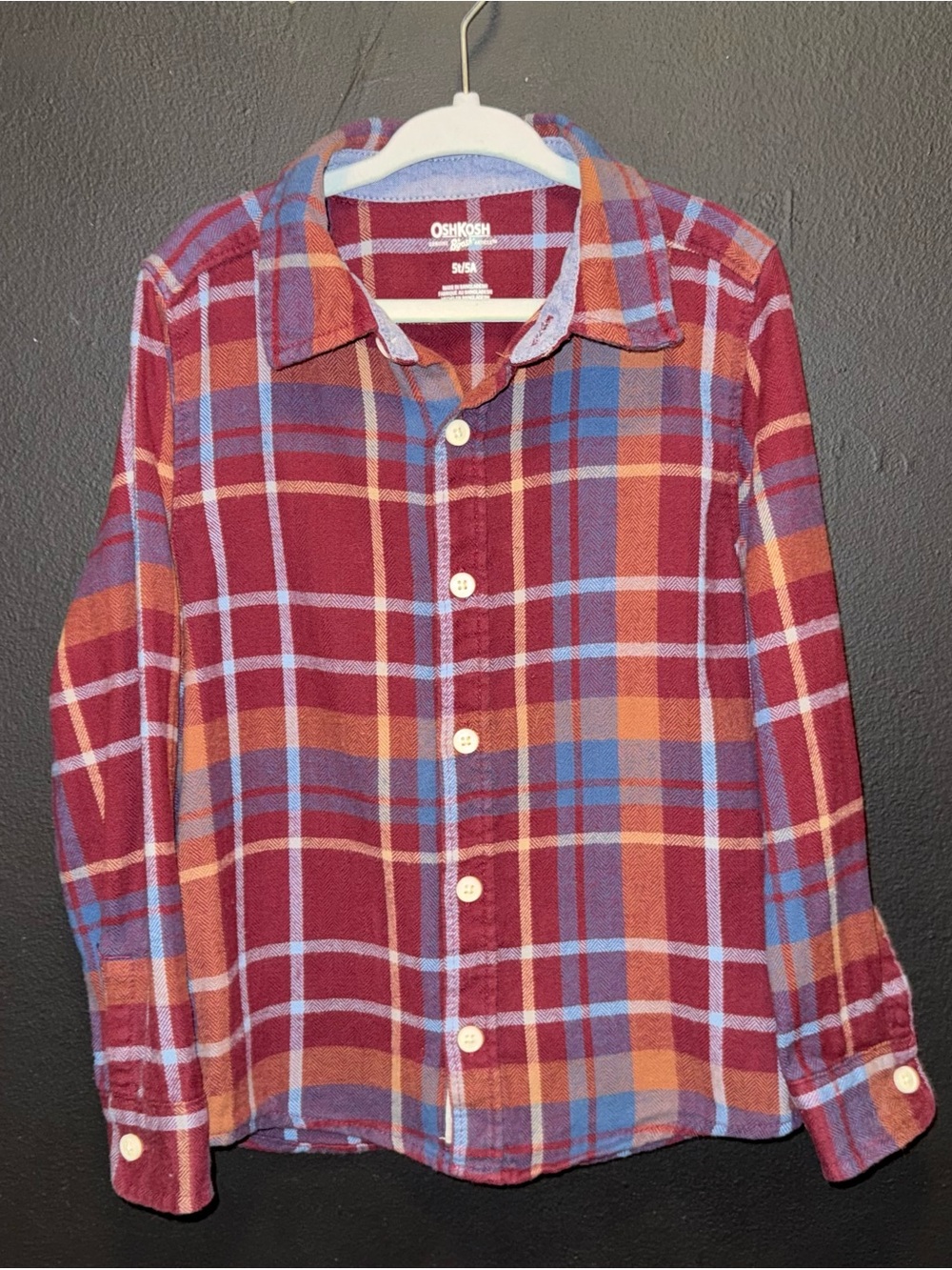 OshKosh B'gosh Maroon Plaid Button-Down Shirt with Orange and Blue Accents